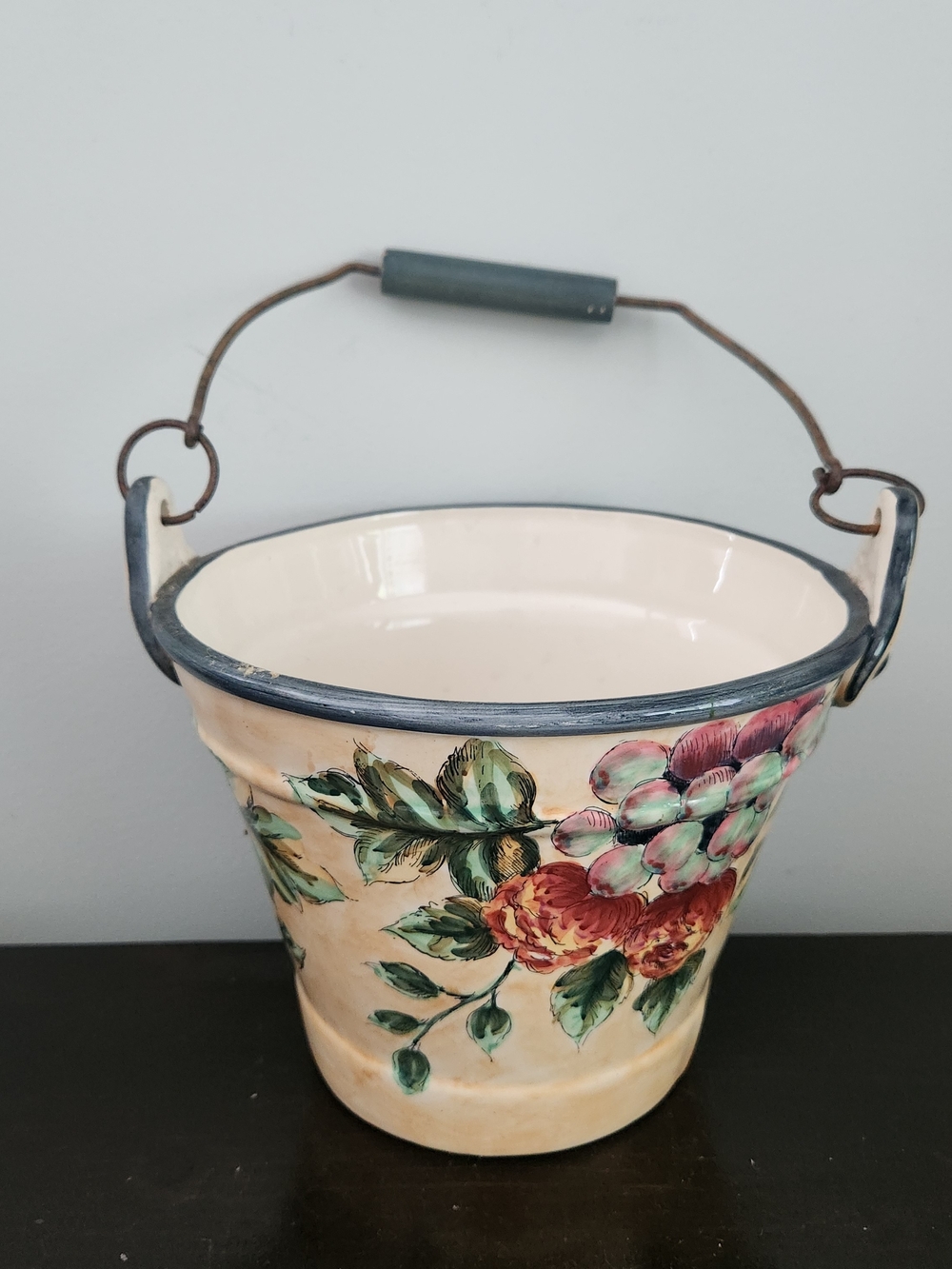 Floral Ceramic Bucket with Blue Trim and Handle